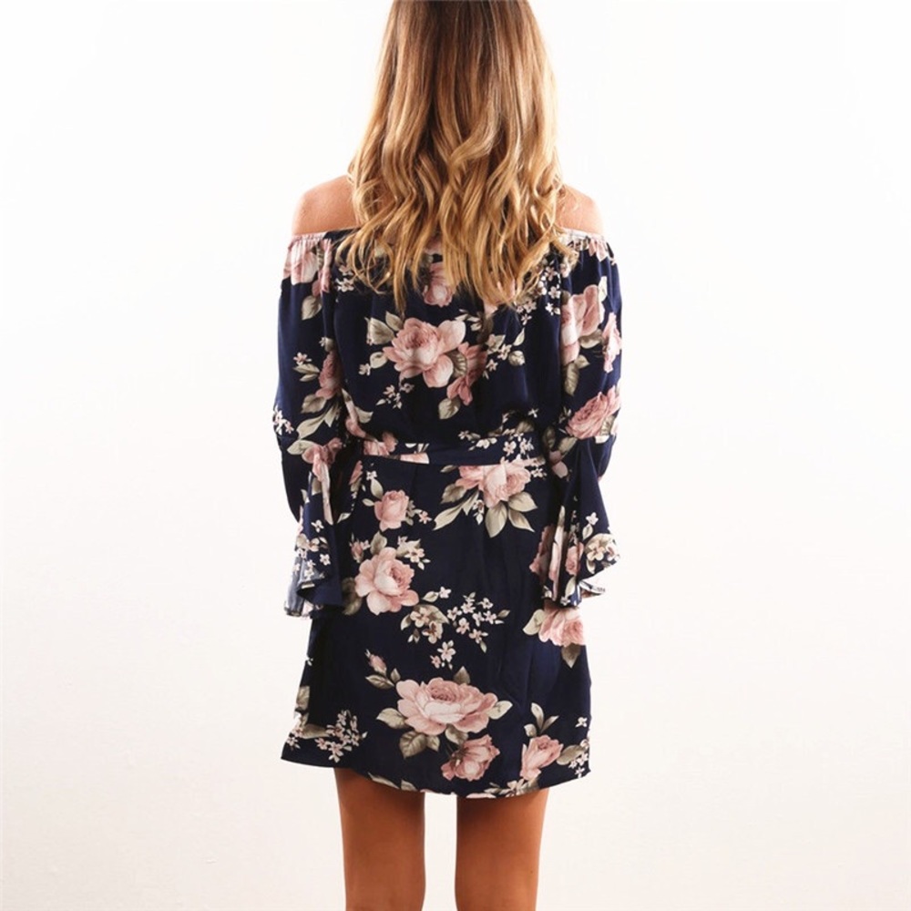 Boho Off Shoulder Navy Floral Chiffon Mini Dress - Picture 2 of 13